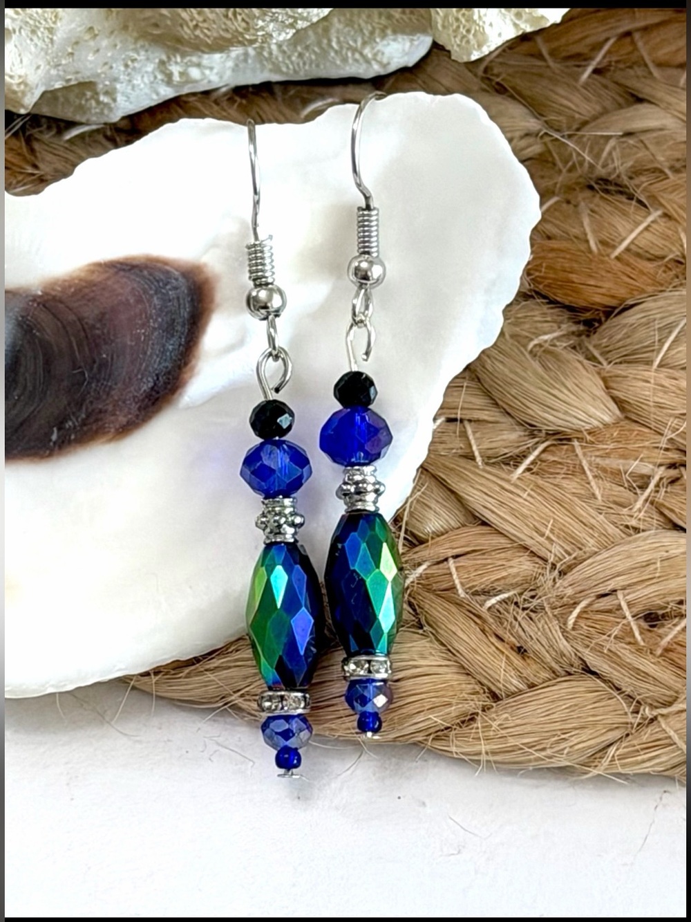 Navy & Green Iridescent Beaded Earrings
